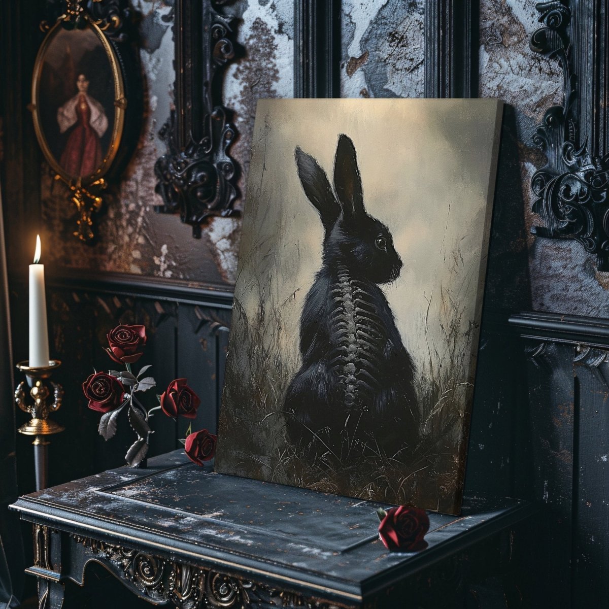 Black Rabbit Canvas Print – Mystical Gothic Artwork with Skeletal and Woodland Details - Everything Pixel