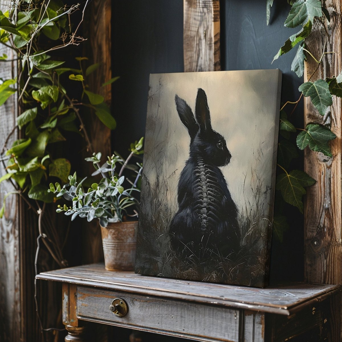 Black Rabbit Canvas Print – Mystical Gothic Artwork with Skeletal and Woodland Details - Everything Pixel