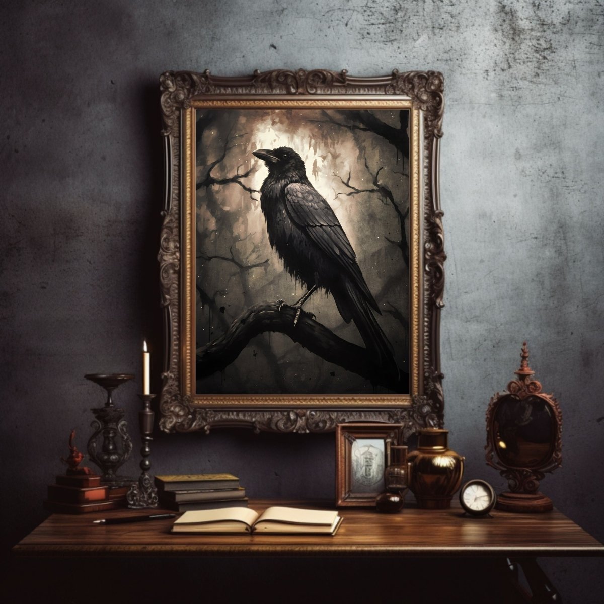Black Raven in Dark Forest Gothic Wall Art Paper Poster Prints Moonlit Cottagecore Wildlife Painting Gothic Decor Dark Academia Artwork Vintage Aesthetic - Everything Pixel