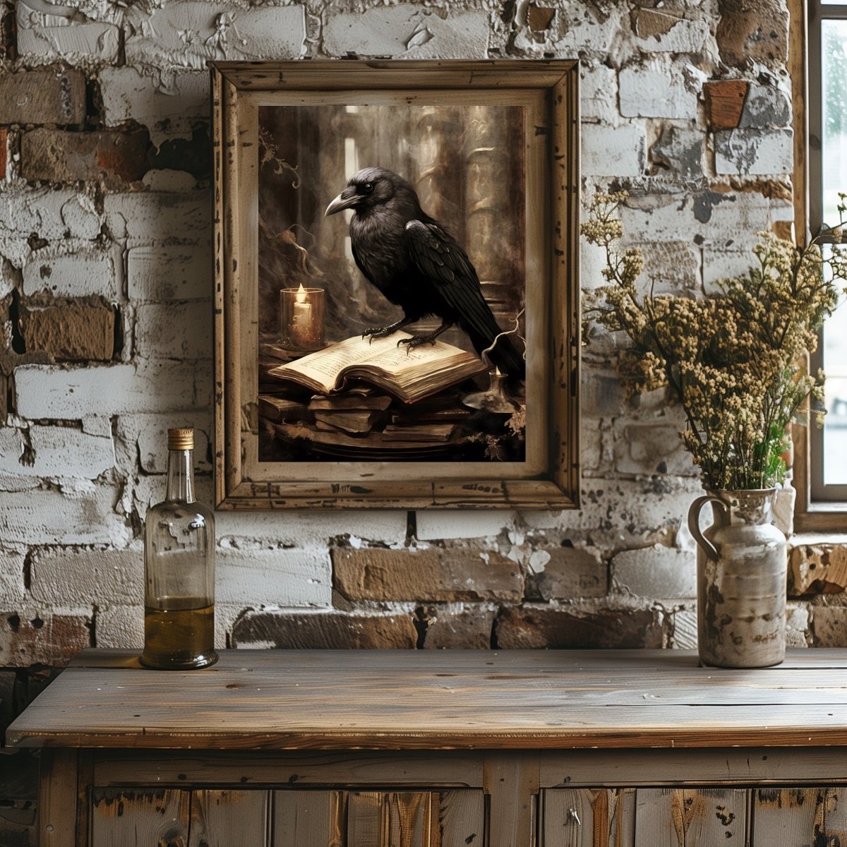 Black Raven in Library Gothic Wall Art Paper Poster Prints Dark Academia Gothic Artwork Moody Gothic Decor Dark Cottagecore Mystical Decor Library Print - Everything Pixel