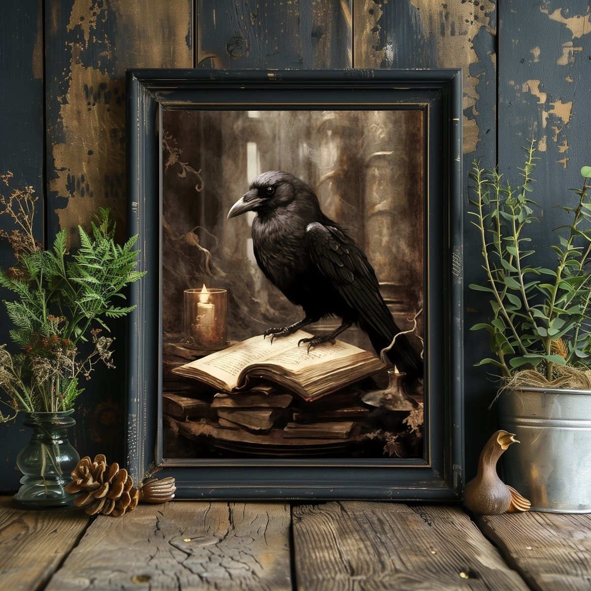 Black Raven in Library Gothic Wall Art Paper Poster Prints Dark Academia Gothic Artwork Moody Gothic Decor Dark Cottagecore Mystical Decor Library Print - Everything Pixel