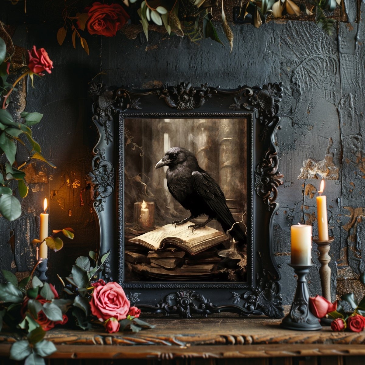Black Raven in Library Gothic Wall Art Paper Poster Prints Dark Academia Gothic Artwork Moody Gothic Decor Dark Cottagecore Mystical Decor Library Print - Everything Pixel