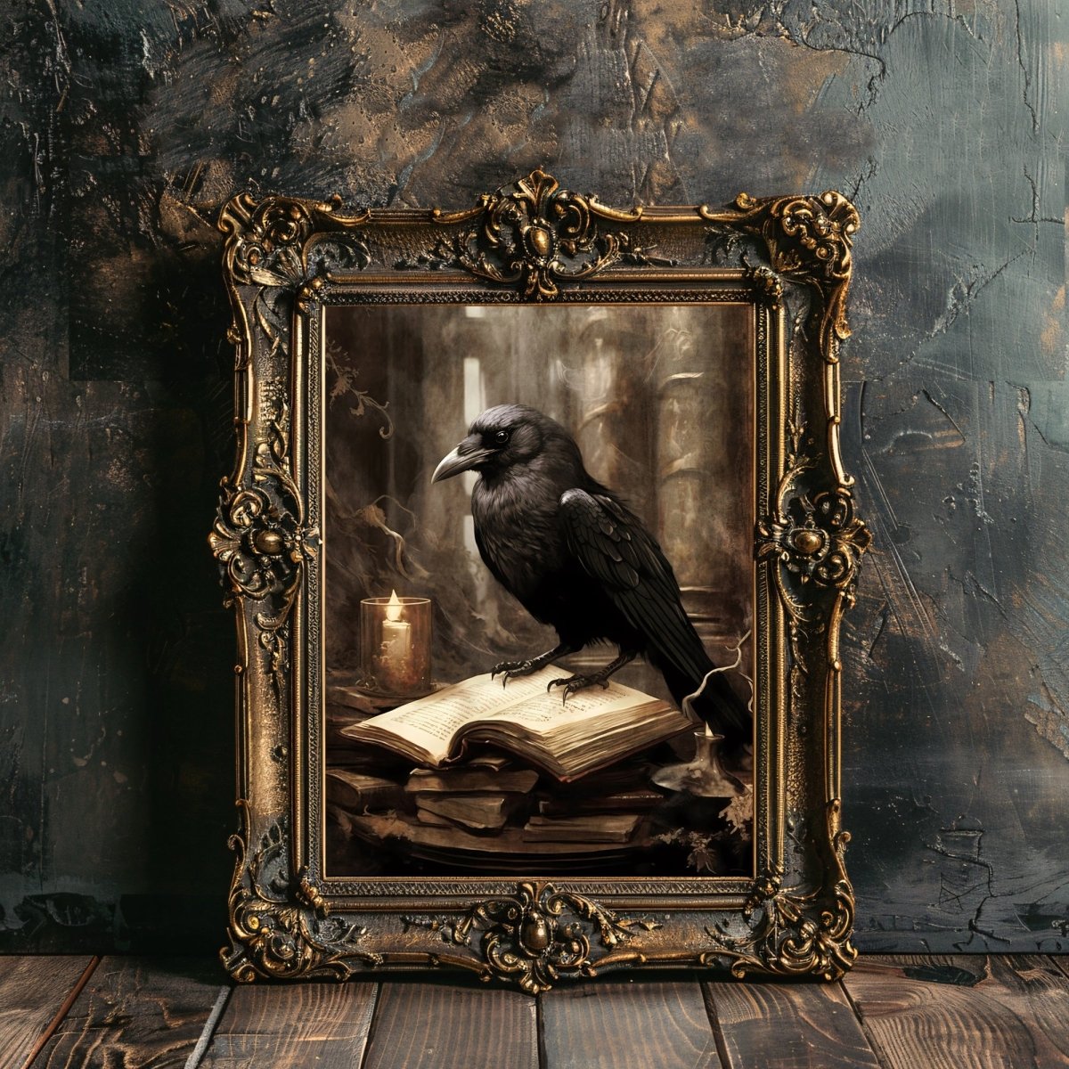 Black Raven in Library Gothic Wall Art Paper Poster Prints Dark Academia Gothic Artwork Moody Gothic Decor Dark Cottagecore Mystical Decor Library Print - Everything Pixel
