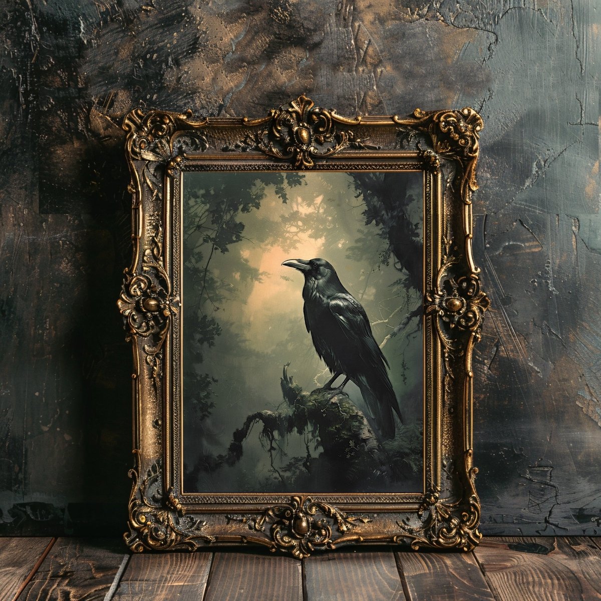 Black Raven in Moody Woodland Dark Painting - Gothic Wall Art Print - Everything Pixel