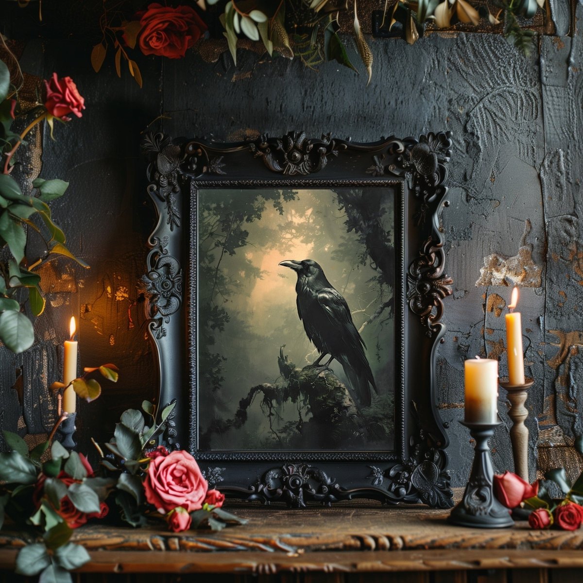 Black Raven in Moody Woodland Dark Painting - Gothic Wall Art Print - Everything Pixel