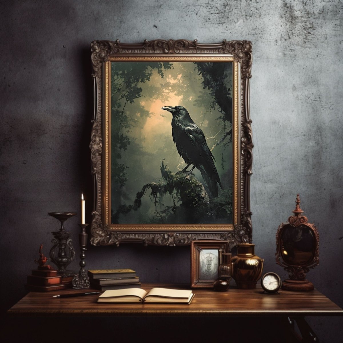 Black Raven in Moody Woodland Dark Painting - Gothic Wall Art Print - Everything Pixel