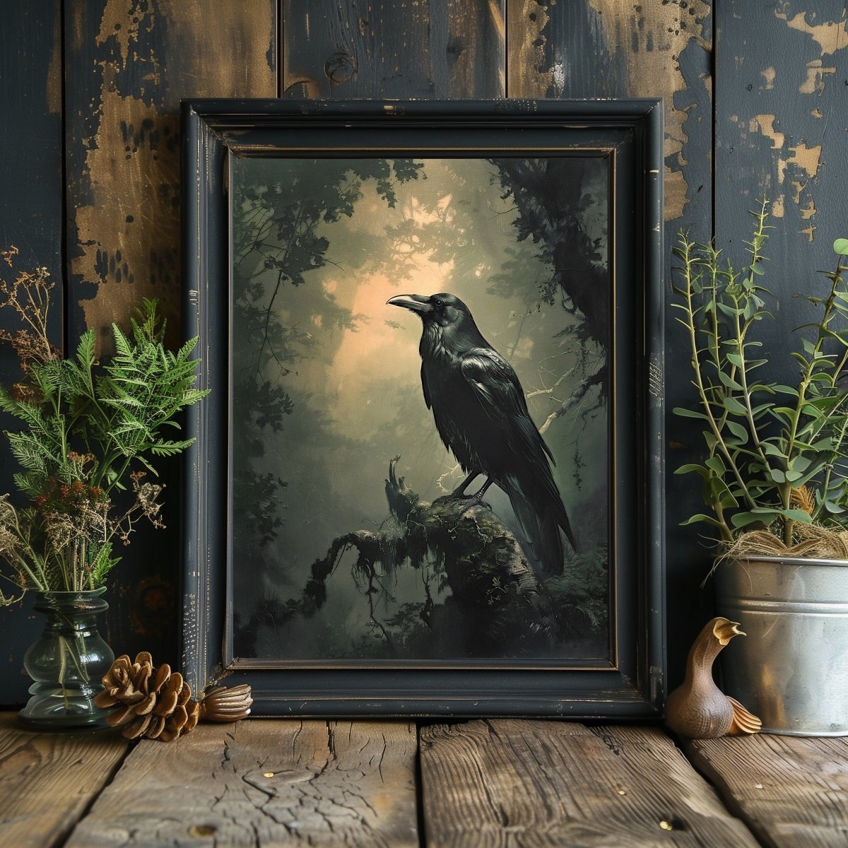 Black Raven in Moody Woodland Dark Painting - Gothic Wall Art Print - Everything Pixel