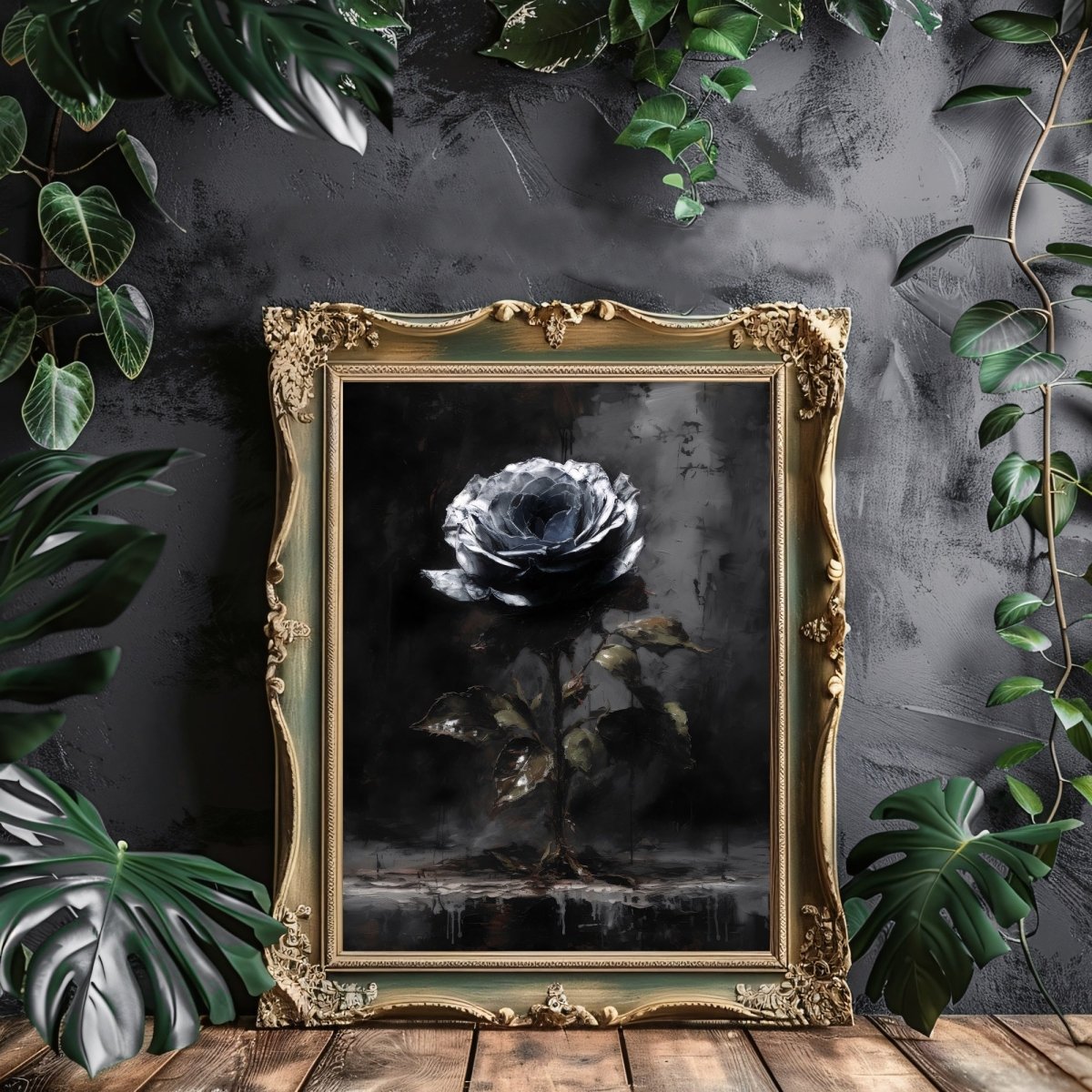 Black Silver Rose Gothic Wall Art Vintage Oil Painting, Dark Academia, Gothic, Floral, Moody Botanical Decor, Dark Cottagecore Paper Poster Prints - Everything Pixel