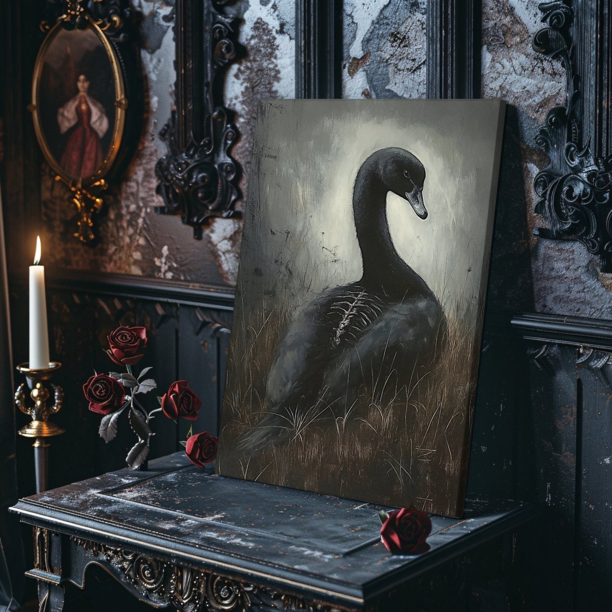 Black Swan Canvas Print – Mystical Gothic Artwork with Surreal and Skeletal Elements - Everything Pixel
