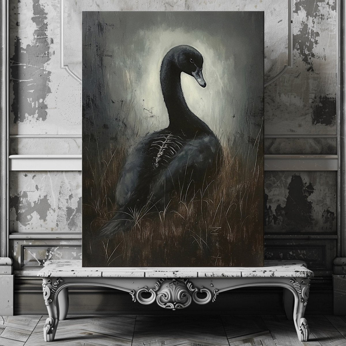 Black Swan Canvas Print – Mystical Gothic Artwork with Surreal and Skeletal Elements - Everything Pixel