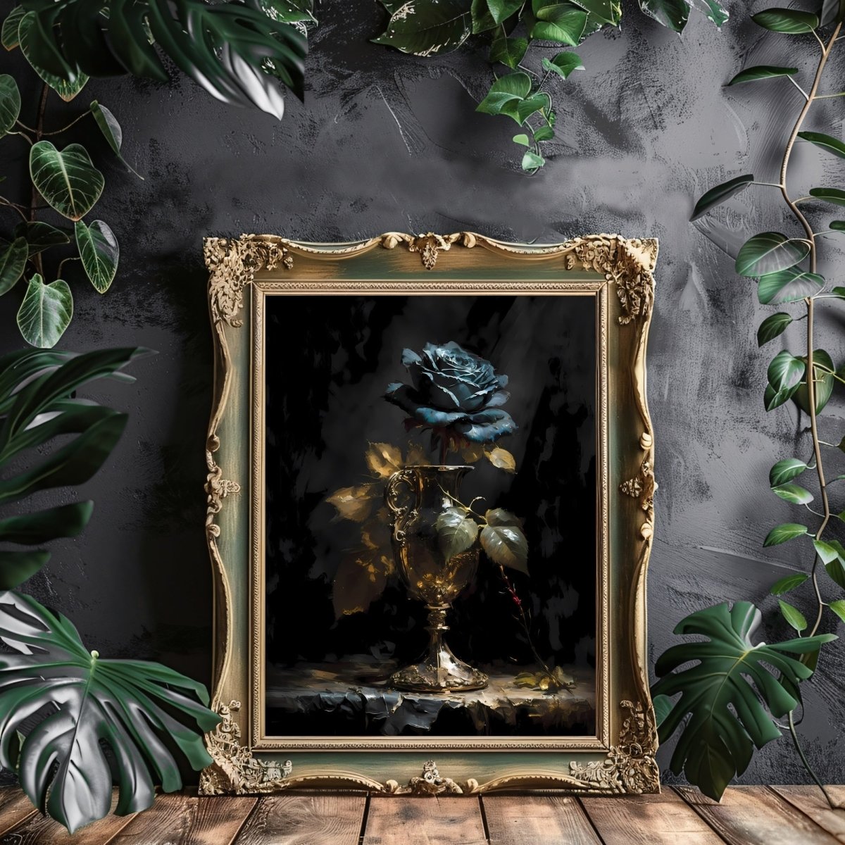 Blue Rose in Goblet Gothic Wall Art Paper Poster Prints Vintage Oil Painting Dark Academia Gothic Floral Moody Painting Botanical Decor Dark Cottagecore - Everything Pixel