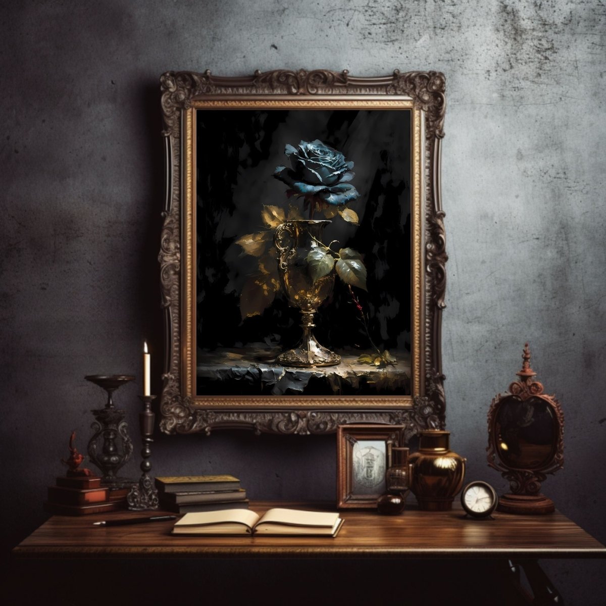 Blue Rose in Goblet Gothic Wall Art Paper Poster Prints Vintage Oil Painting Dark Academia Gothic Floral Moody Painting Botanical Decor Dark Cottagecore - Everything Pixel