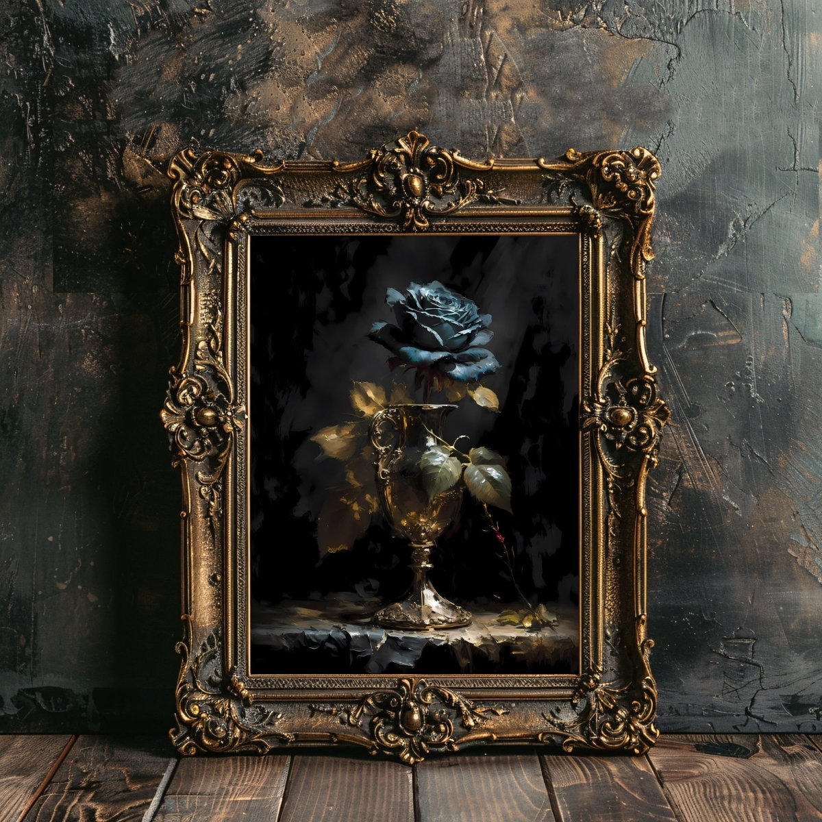 Blue Rose in Goblet Gothic Wall Art Paper Poster Prints Vintage Oil Painting Dark Academia Gothic Floral Moody Painting Botanical Decor Dark Cottagecore - Everything Pixel