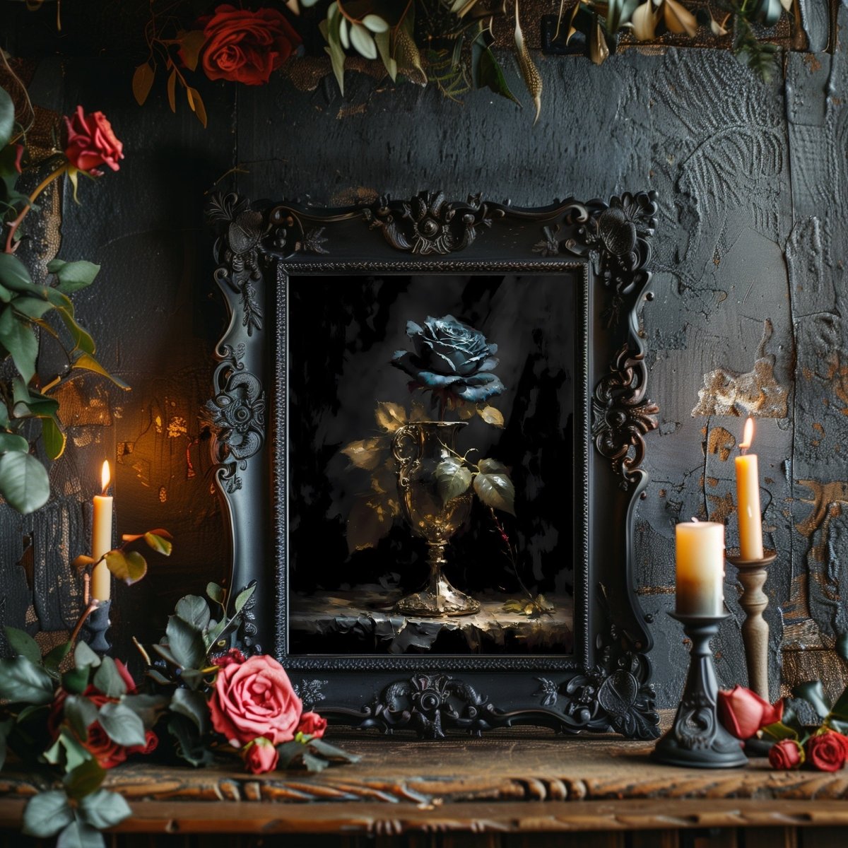 Blue Rose in Goblet Gothic Wall Art Paper Poster Prints Vintage Oil Painting Dark Academia Gothic Floral Moody Painting Botanical Decor Dark Cottagecore - Everything Pixel