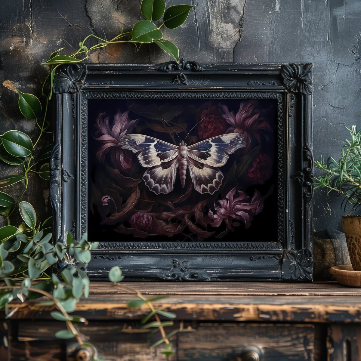 Botanical Moth Gothic Wall Art Paper Poster Prints Dark Cottagecore Moody Floral Goblincore Decor Fairycore Print Dark Academia Oil Painting Aesthetic - Everything Pixel