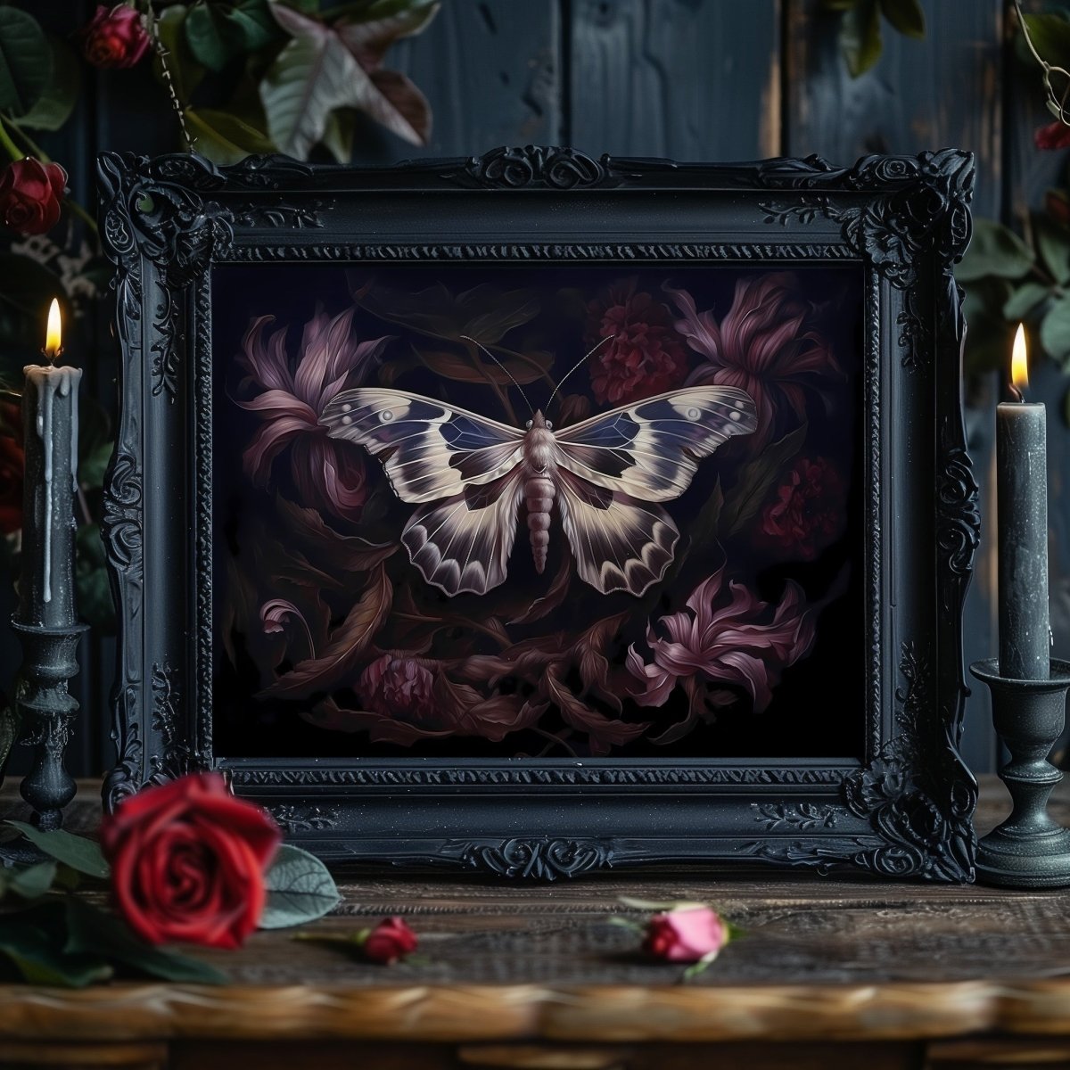 Botanical Moth Gothic Wall Art Paper Poster Prints Dark Cottagecore Moody Floral Goblincore Decor Fairycore Print Dark Academia Oil Painting Aesthetic - Everything Pixel