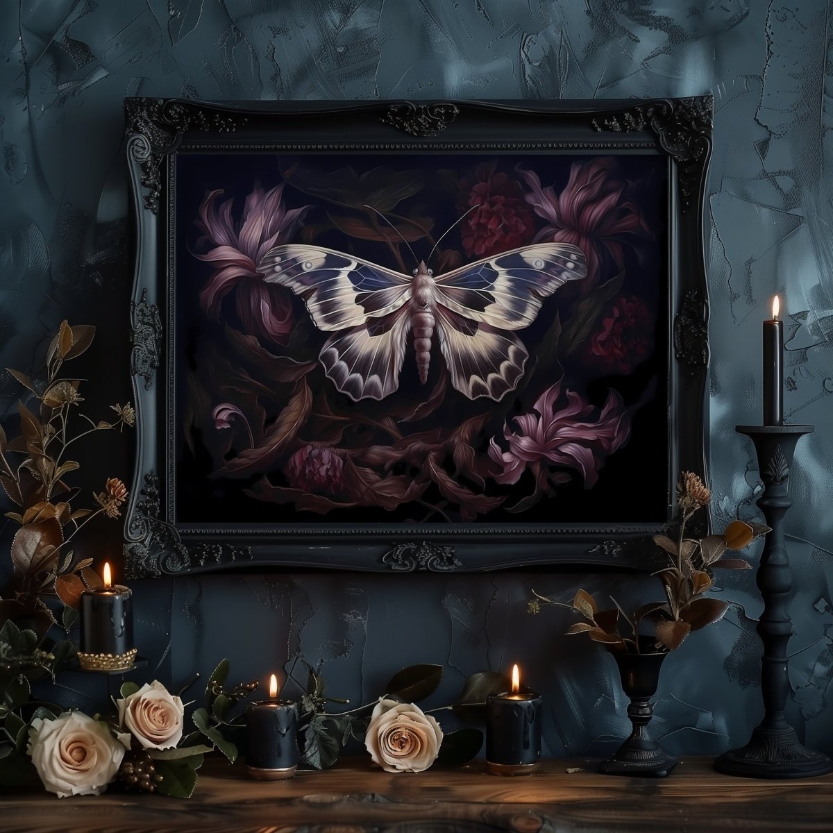 Botanical Moth Gothic Wall Art Paper Poster Prints Dark Cottagecore Moody Floral Goblincore Decor Fairycore Print Dark Academia Oil Painting Aesthetic - Everything Pixel