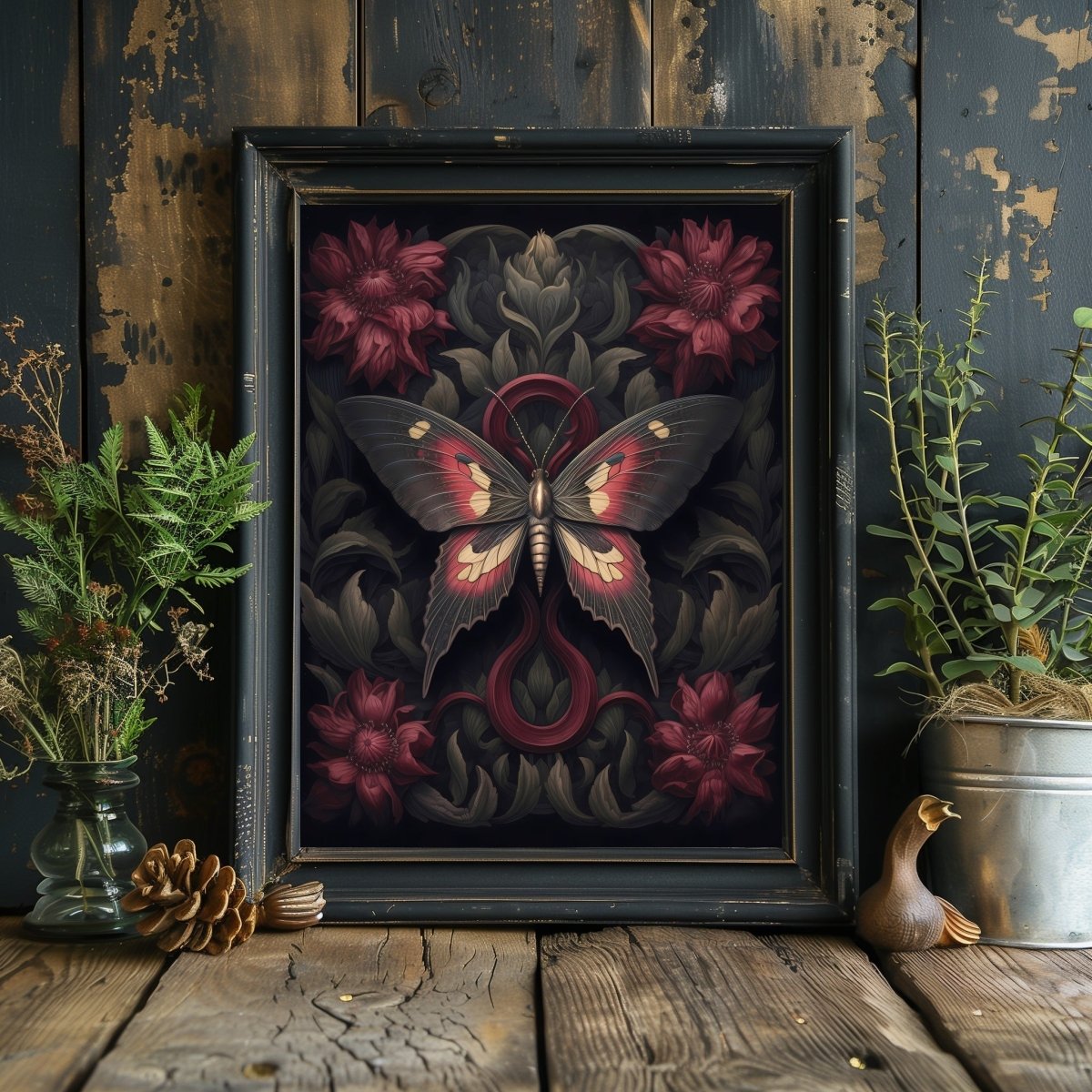 Botanical Moth Gothic Wall Art Paper Poster Prints Dark Cottagecore Witchy Gothic Botanical Decor Dark Academia Goblincore Goth Home Decor Moody Painting - Everything Pixel
