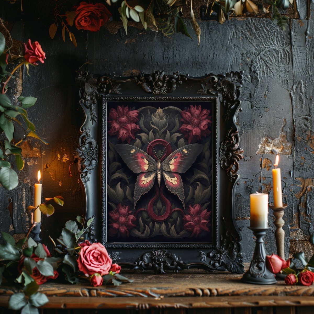 Botanical Moth Gothic Wall Art Paper Poster Prints Dark Cottagecore Witchy Gothic Botanical Decor Dark Academia Goblincore Goth Home Decor Moody Painting - Everything Pixel