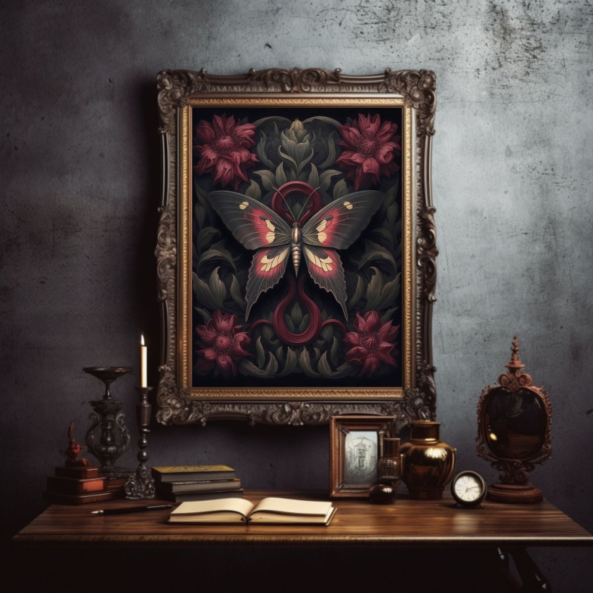 Botanical Moth Gothic Wall Art Paper Poster Prints Dark Cottagecore Witchy Gothic Botanical Decor Dark Academia Goblincore Goth Home Decor Moody Painting - Everything Pixel