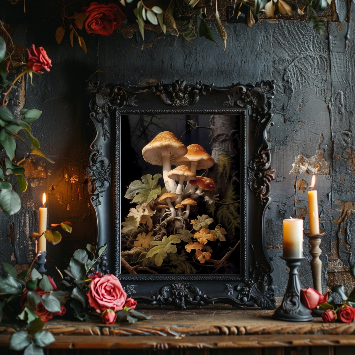 Brown Mushrooms in Dark Forest Gothic Wall Art Paper Poster Prints Dark Academia Goblincore Vintage Botanical Decor Witchy Gothic Cottagecore Mushroom Print - Everything Pixel