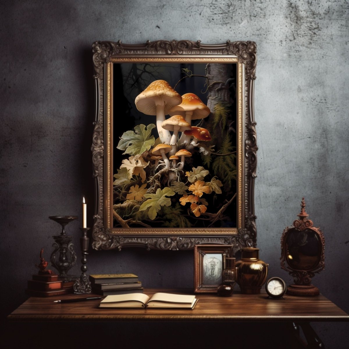 Brown Mushrooms in Dark Forest Gothic Wall Art Paper Poster Prints Dark Academia Goblincore Vintage Botanical Decor Witchy Gothic Cottagecore Mushroom Print - Everything Pixel