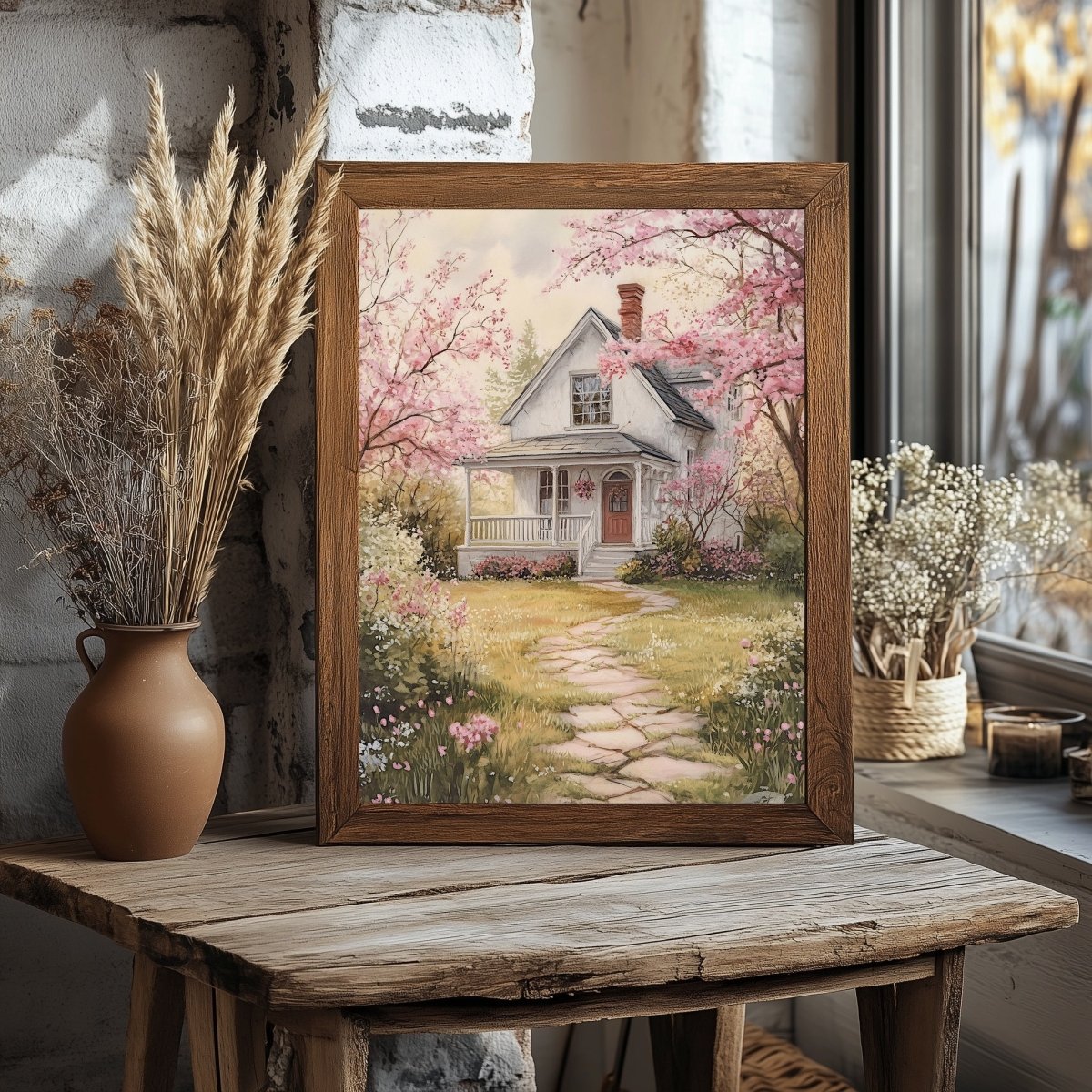 Cottage Garden Wall Art Print – White Cottage Surrounded by Blooming Flowers for Rustic Spring Decor - Everything Pixel