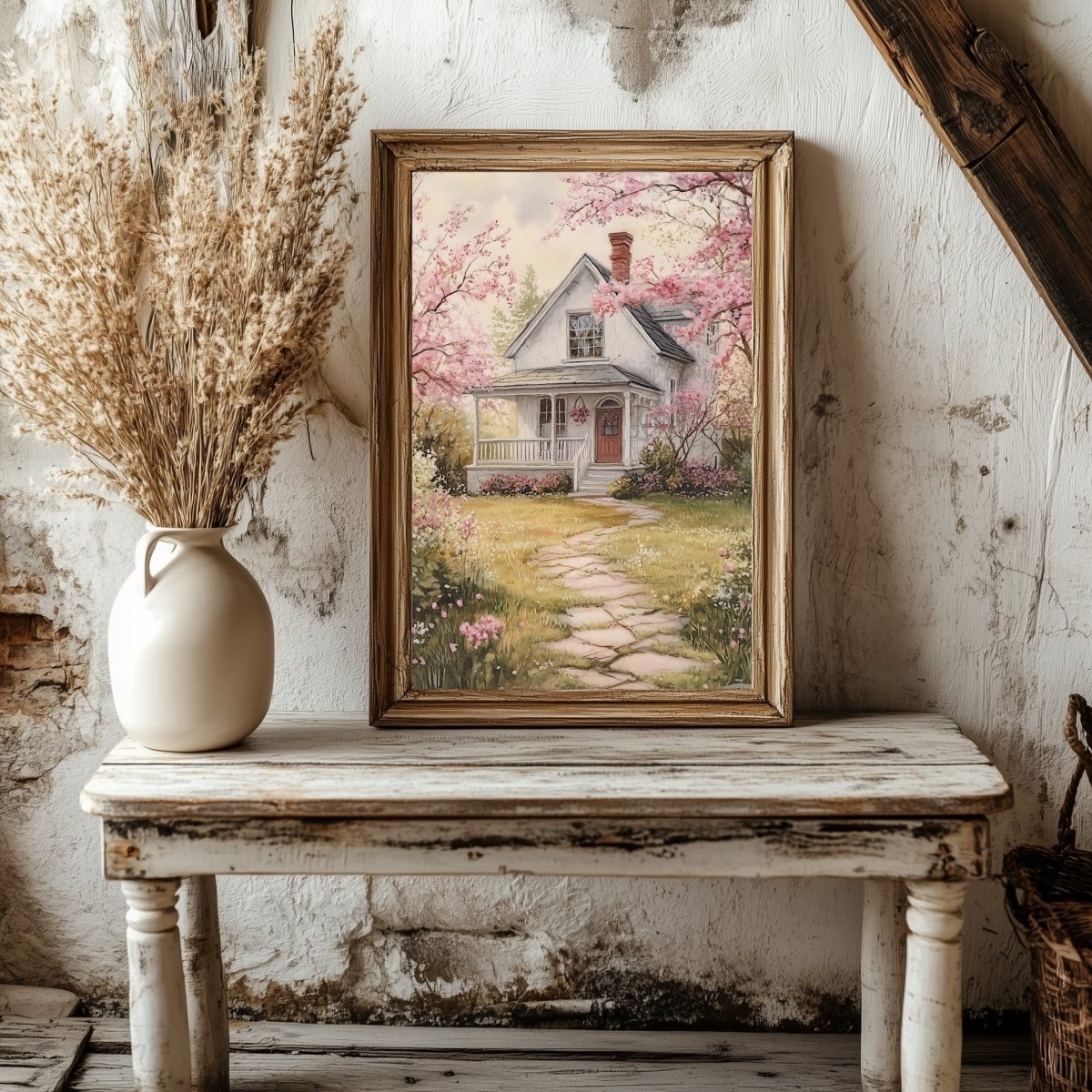 Cottage Garden Wall Art Print – White Cottage Surrounded by Blooming Flowers for Rustic Spring Decor - Everything Pixel