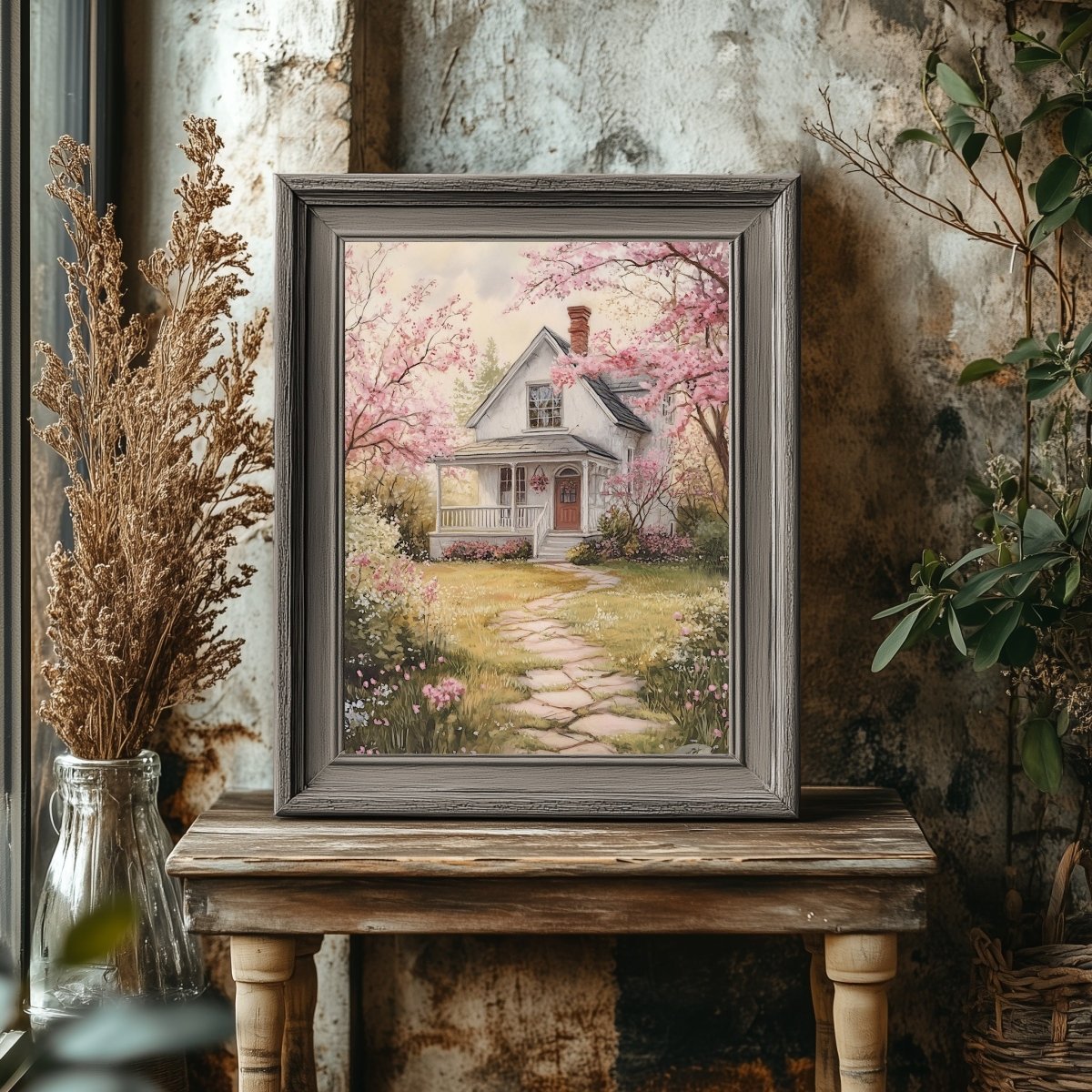 Cottage Garden Wall Art Print – White Cottage Surrounded by Blooming Flowers for Rustic Spring Decor - Everything Pixel