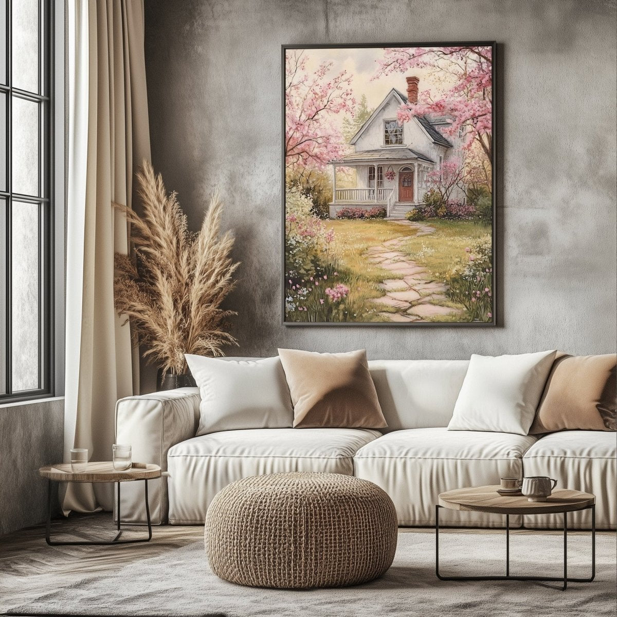 Cottage Garden Wall Art Print – White Cottage Surrounded by Blooming Flowers for Rustic Spring Decor - Everything Pixel