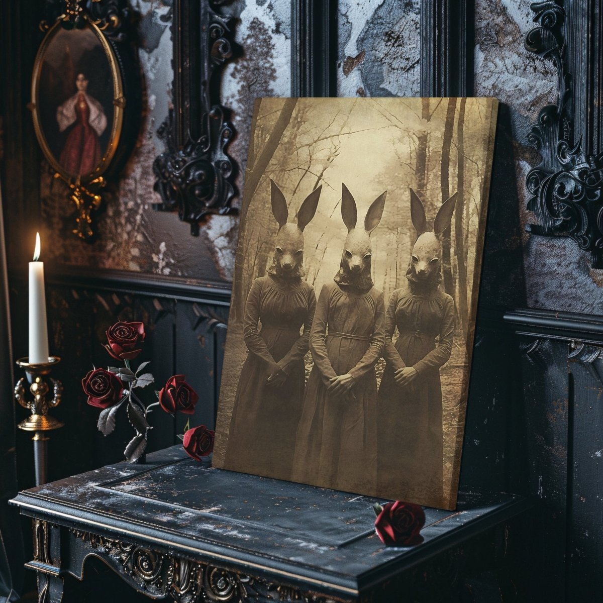 Cult of the Rabbit Canvas Print - Gothic Wall Art, Dark Cottagecore, Spooky Decor, Witchy Art, Occult Vintage Photo - Everything Pixel