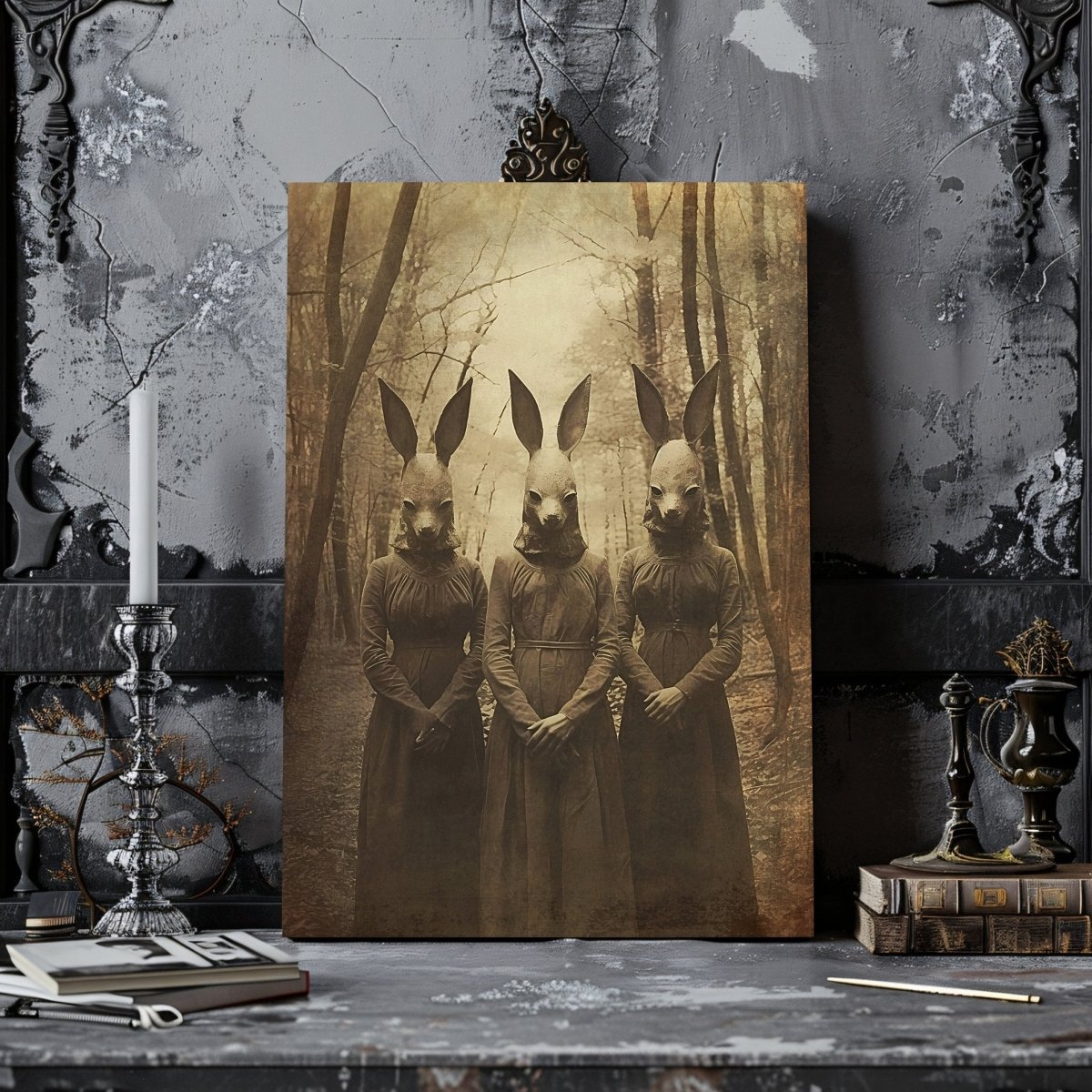 Cult of the Rabbit Canvas Print - Gothic Wall Art, Dark Cottagecore, Spooky Decor, Witchy Art, Occult Vintage Photo - Everything Pixel