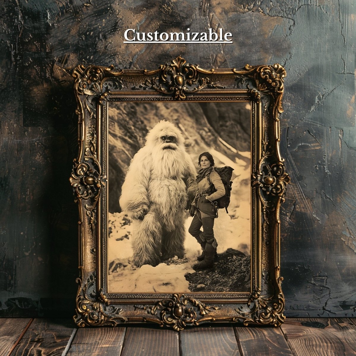 Customizable Vintage Yeti Encounter Wall Art Print – Mythical Cryptid in Snowy Mountain Landscape - Everything Pixel