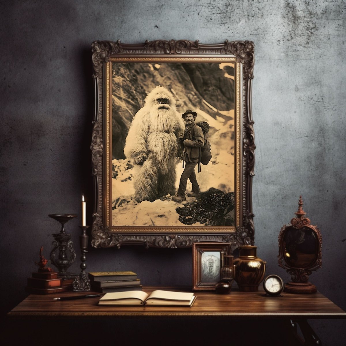 Customizable Vintage Yeti Encounter Wall Art Print – Mythical Cryptid in Snowy Mountain Landscape - Everything Pixel