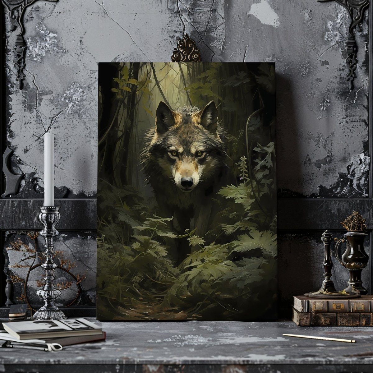 Dark Woodland Wolf Canvas Print - Gothic Wall Decor, Wildlife Art, Dark Cottagecore - Everything Pixel