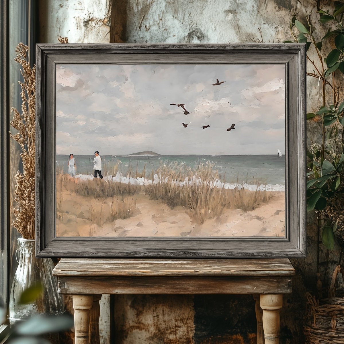 Day at the beach vintage art Paper Poster Prints oil painting coast painting beach painting livingroom decor pastel wall art - Everything Pixel