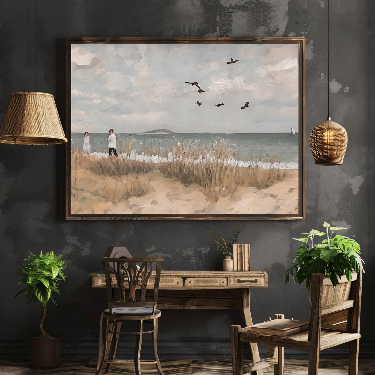 Day at the beach vintage art Paper Poster Prints oil painting coast painting beach painting livingroom decor pastel wall art - Everything Pixel