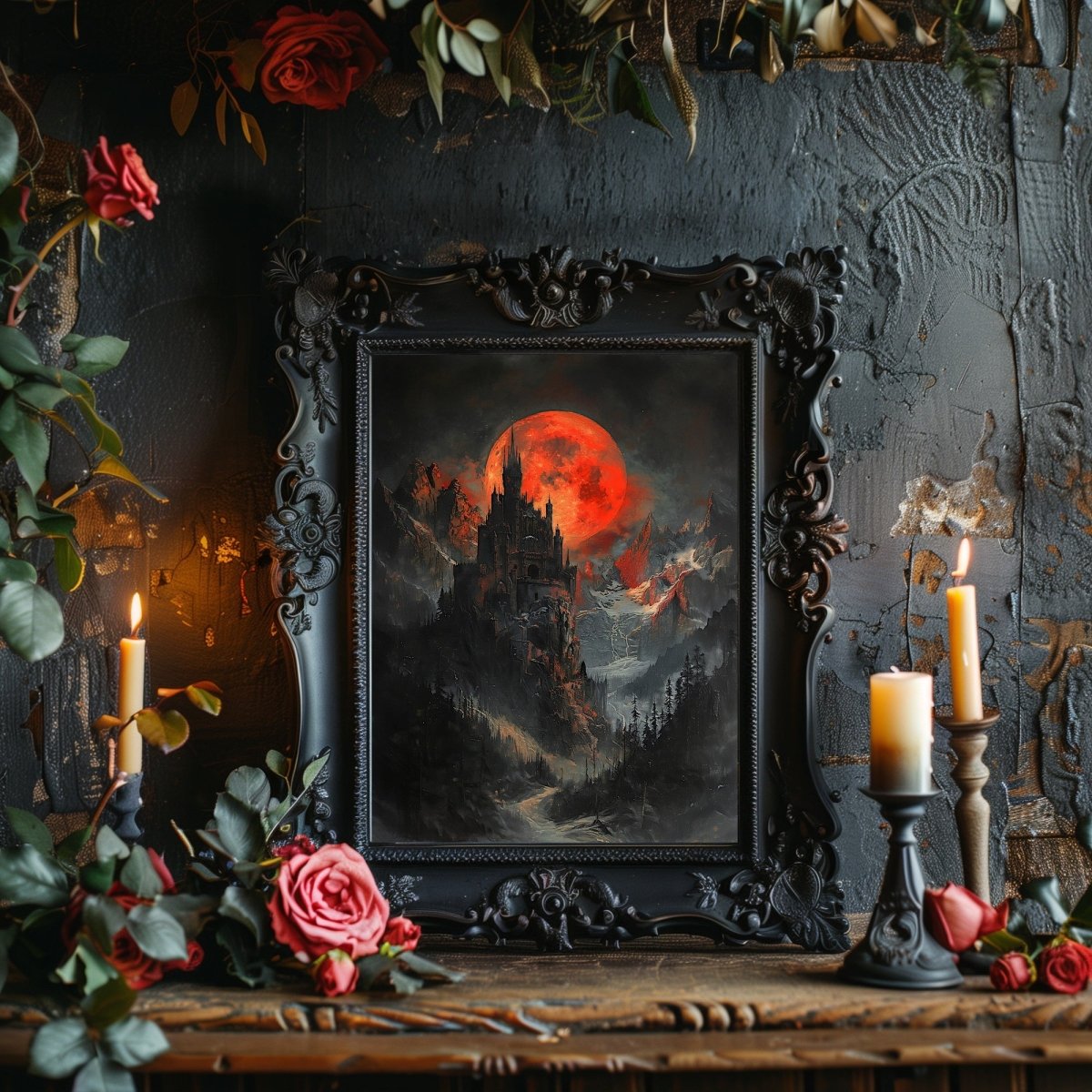 Dracula's Castle in Transylvanian Mountains at Blood Moon Print - Dark Vampire Castle Decor - Gothic Wall Art Print - Everything Pixel