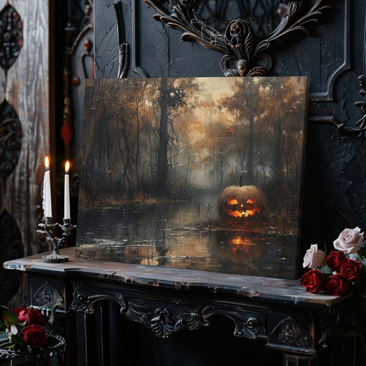 Eerie Pumpkin Woodland Canvas Print - Gothic Decor, Spooky Autumn, Haunted Swamp, Halloween Art - Everything Pixel