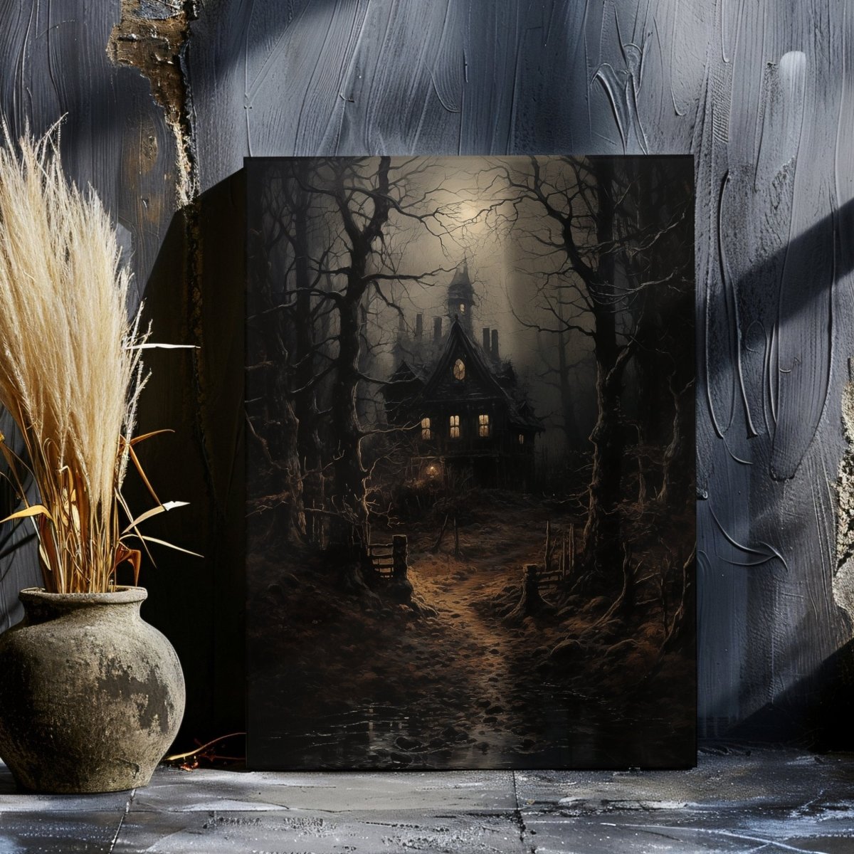 Eerie Witch House Canvas Print - Gothic Decor, Spooky Woodland Scene, Halloween Art - Everything Pixel