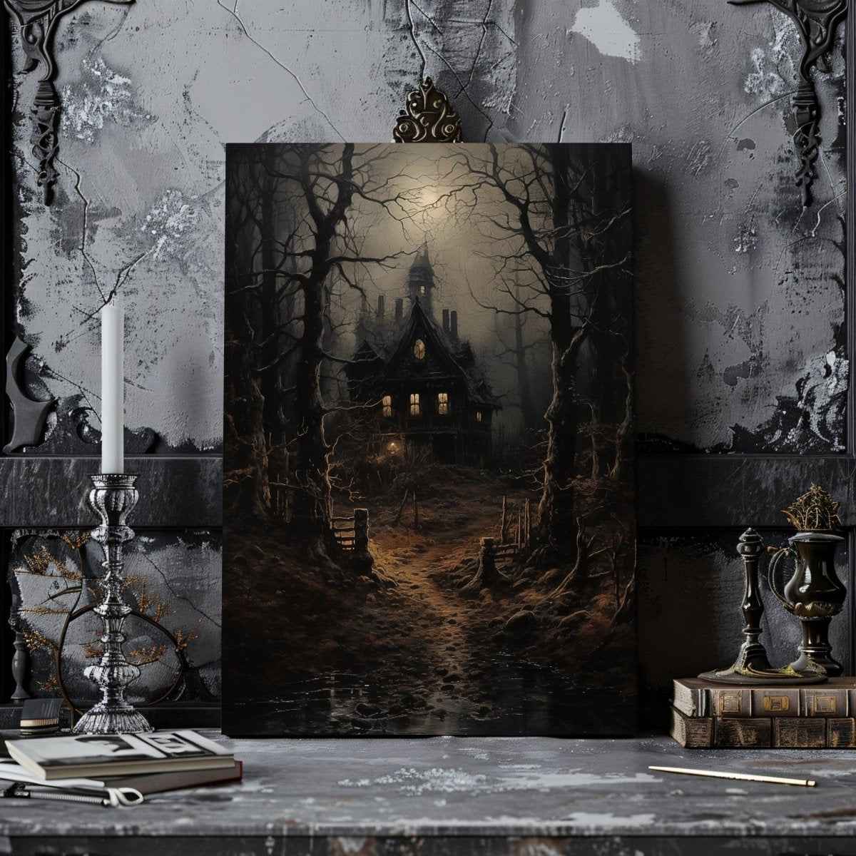 Eerie Witch House Canvas Print - Gothic Decor, Spooky Woodland Scene, Halloween Art - Everything Pixel