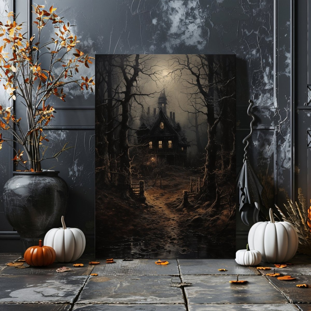 Eerie Witch House Canvas Print - Gothic Decor, Spooky Woodland Scene, Halloween Art - Everything Pixel