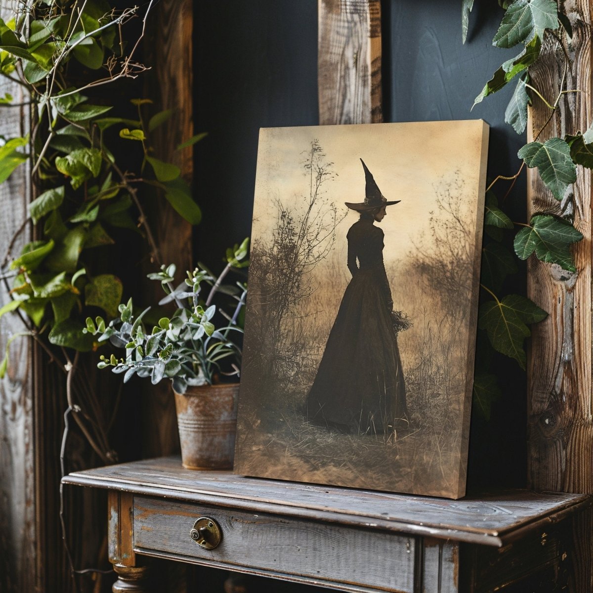 Enchanted Witch Canvas Print - Sepia Gothic with Bare Branches in Misty Scene - Everything Pixel