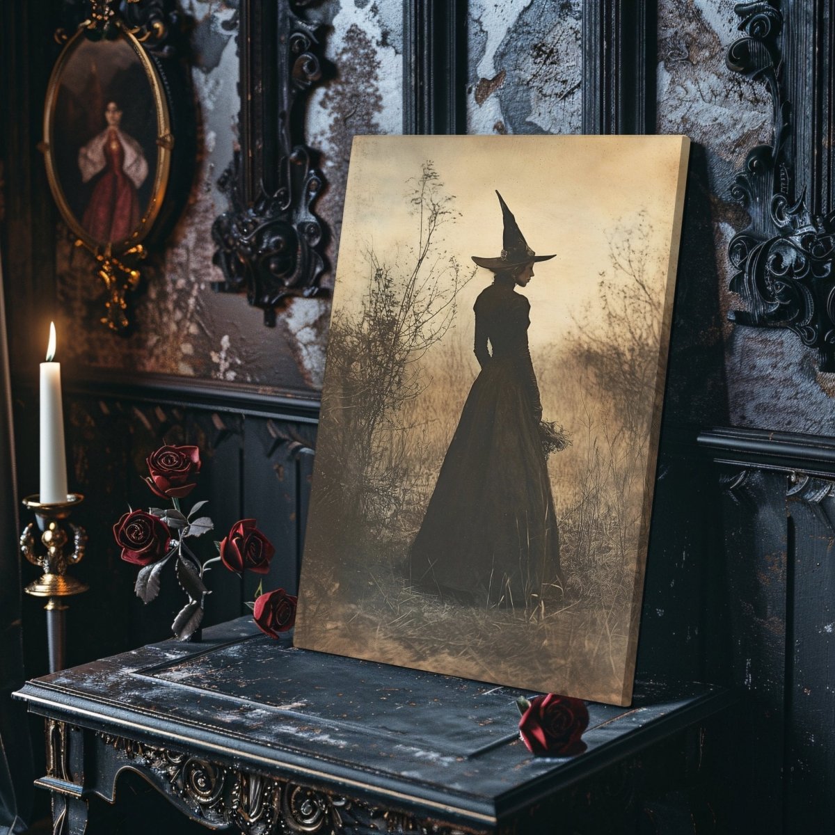 Enchanted Witch Canvas Print - Sepia Gothic with Bare Branches in Misty Scene - Everything Pixel