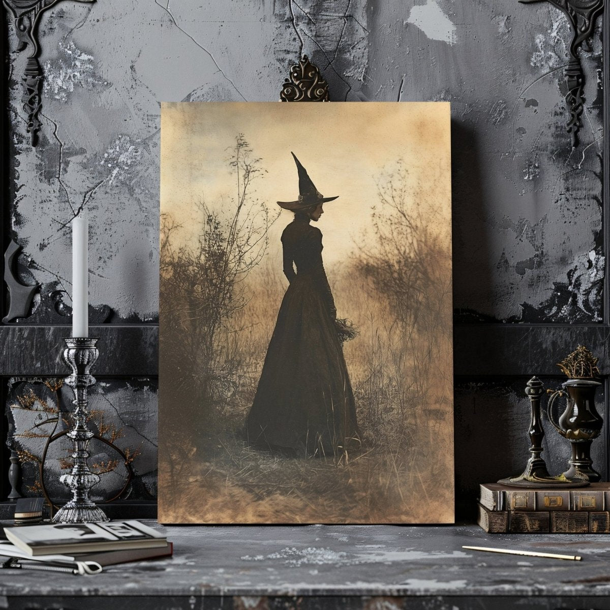 Enchanted Witch Canvas Print - Sepia Gothic with Bare Branches in Misty Scene - Everything Pixel