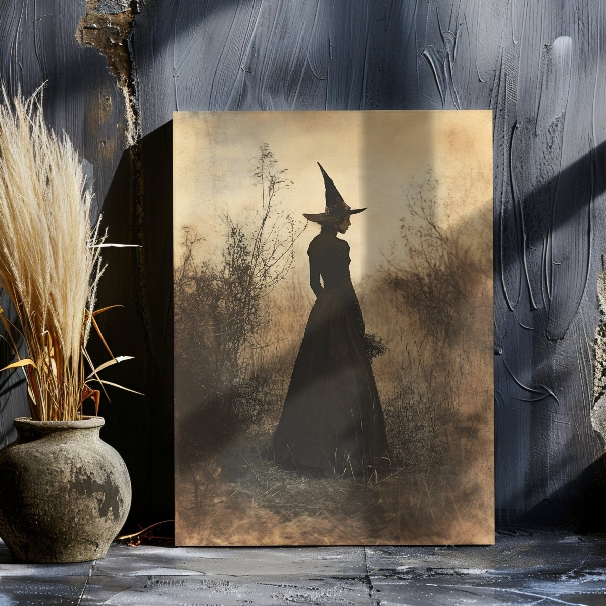 Enchanted Witch Canvas Print - Sepia Gothic with Bare Branches in Misty Scene - Everything Pixel