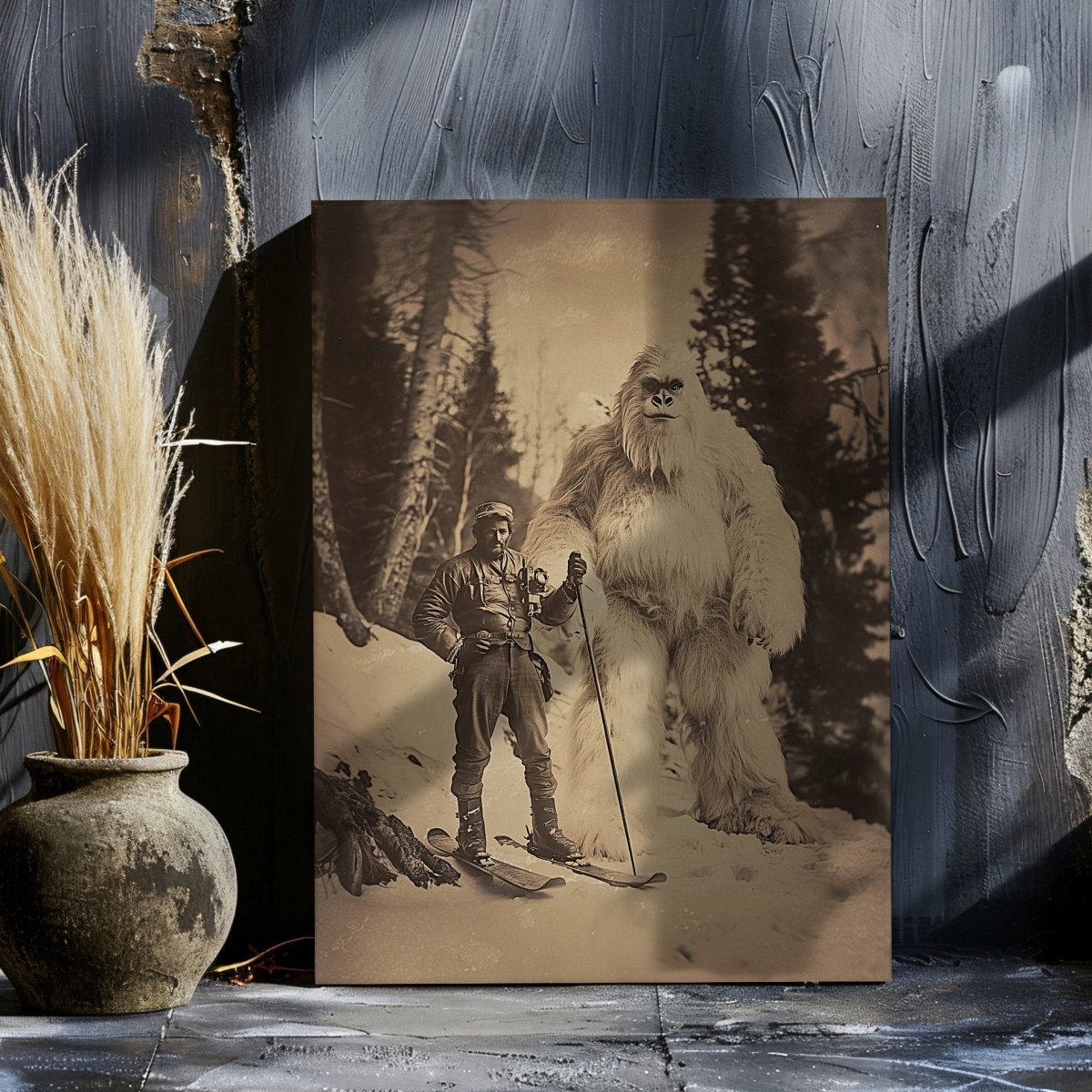 Explorer and Yeti Canvas Print – Vintage Adventure in a Mystical Snowy Forest - Everything Pixel