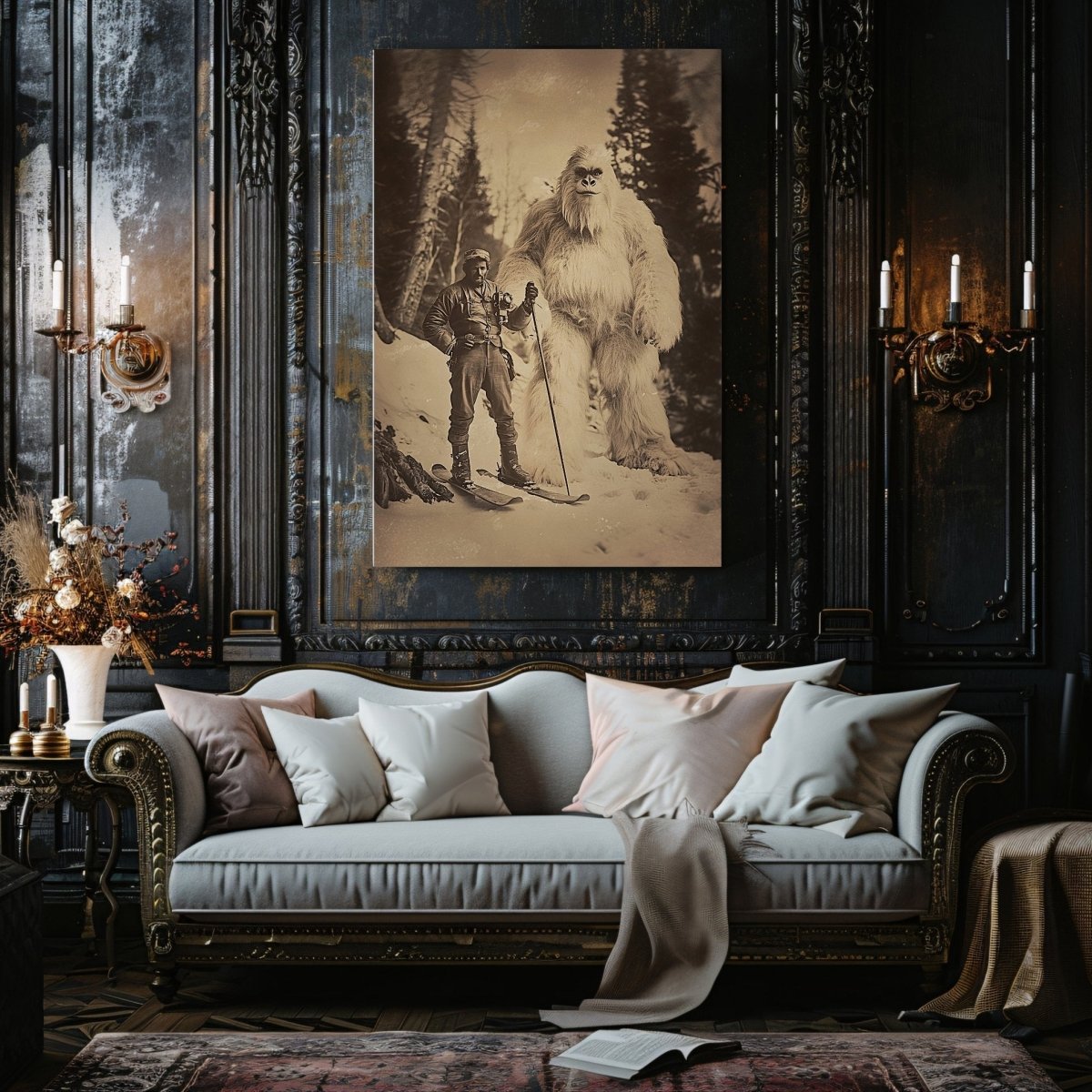 Explorer and Yeti Canvas Print – Vintage Adventure in a Mystical Snowy Forest - Everything Pixel