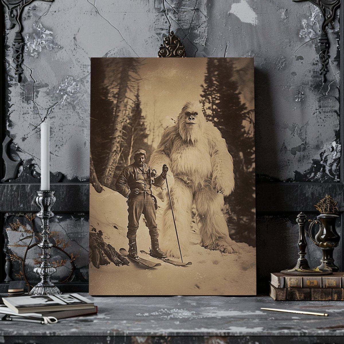 Explorer and Yeti Canvas Print – Vintage Adventure in a Mystical Snowy Forest - Everything Pixel