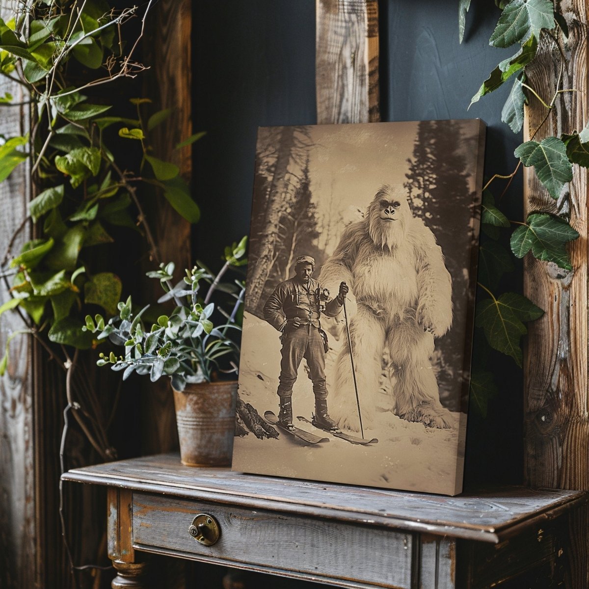 Explorer and Yeti Canvas Print – Vintage Adventure in a Mystical Snowy Forest - Everything Pixel